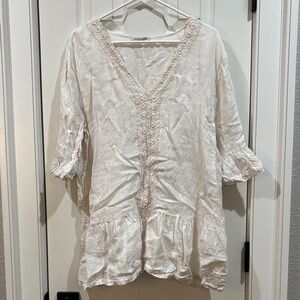 Francesca Bettini Elegant White Lace Trim Linen Women's Boho Top